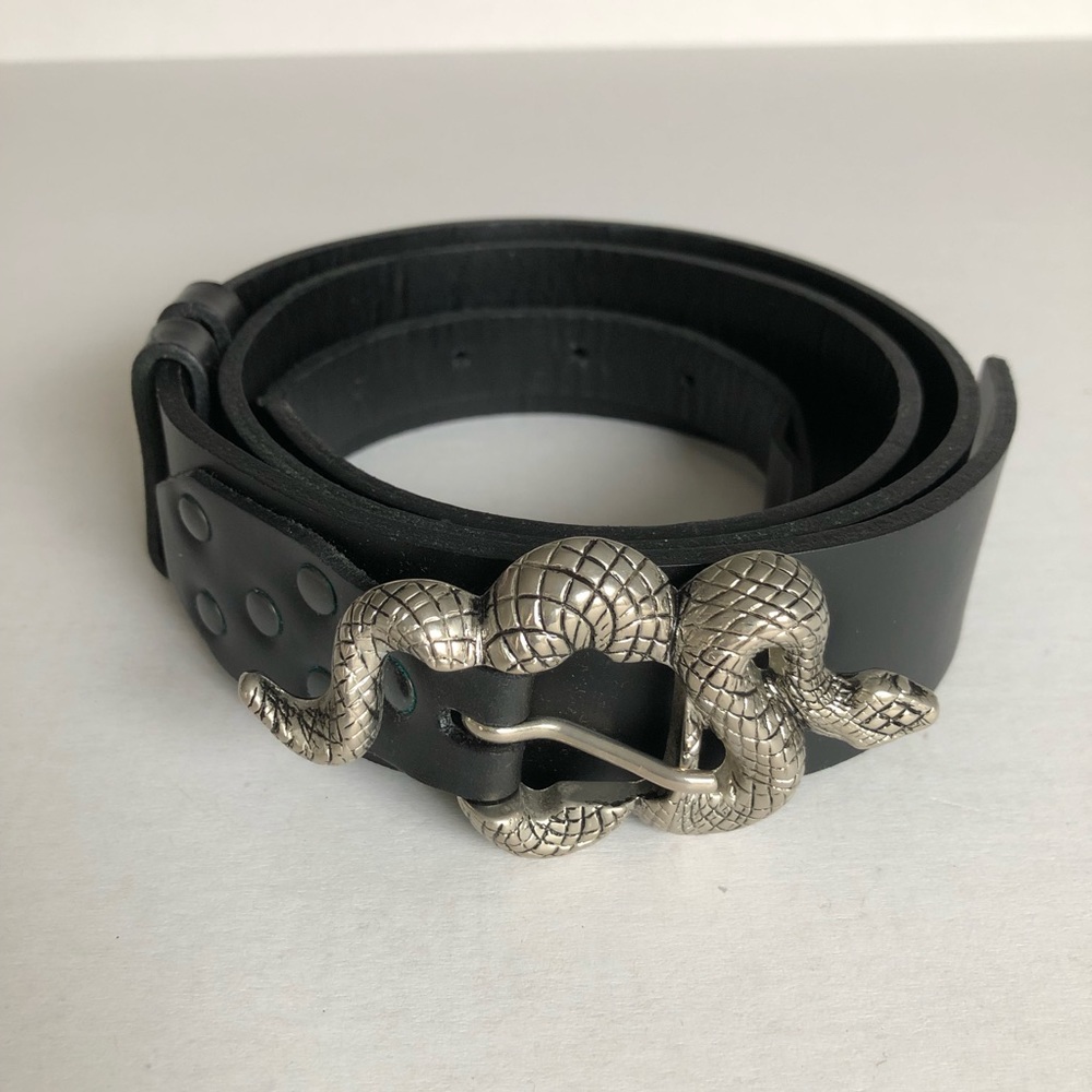 Designer black leather belt silver snake buckle